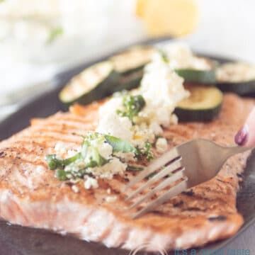 Grilled salmon and zucchini with a feta dressing