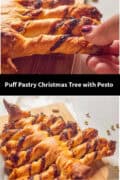 two pictures with a puff pastry Christmas tree with homemade red pesto. A text in between: puff pastry Christmas tree with pesto