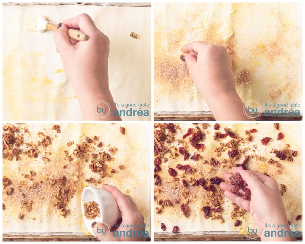 Spread cinnamon sugar, pecans and cranberries on the puff pastry