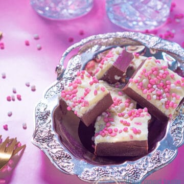 Red velvet chocolate fudge in a silver bowl