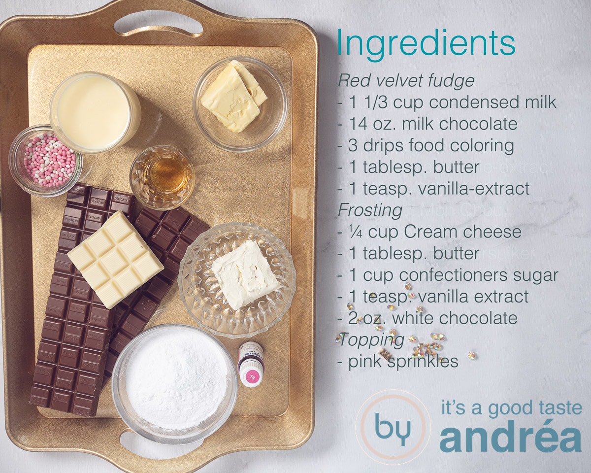 Ingredients red velvet fudge with white chocolate frosting