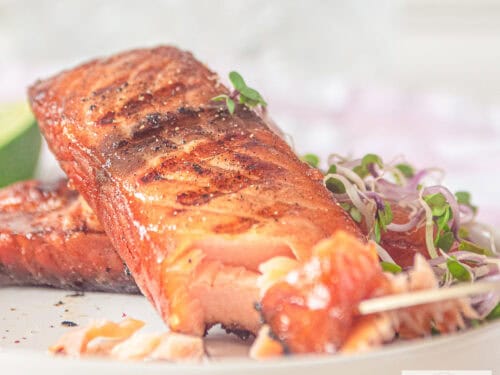 A square photo of a white plate with two pieces of grilled salmon that has been brined.