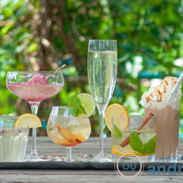 a plate with various drinks