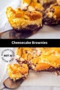 Two pictures of cheesecake brownies above each other. A text cheesecake brownies