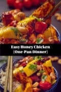 Two pictures with part of a bowl filled with honey chicken, a one pan dinner.