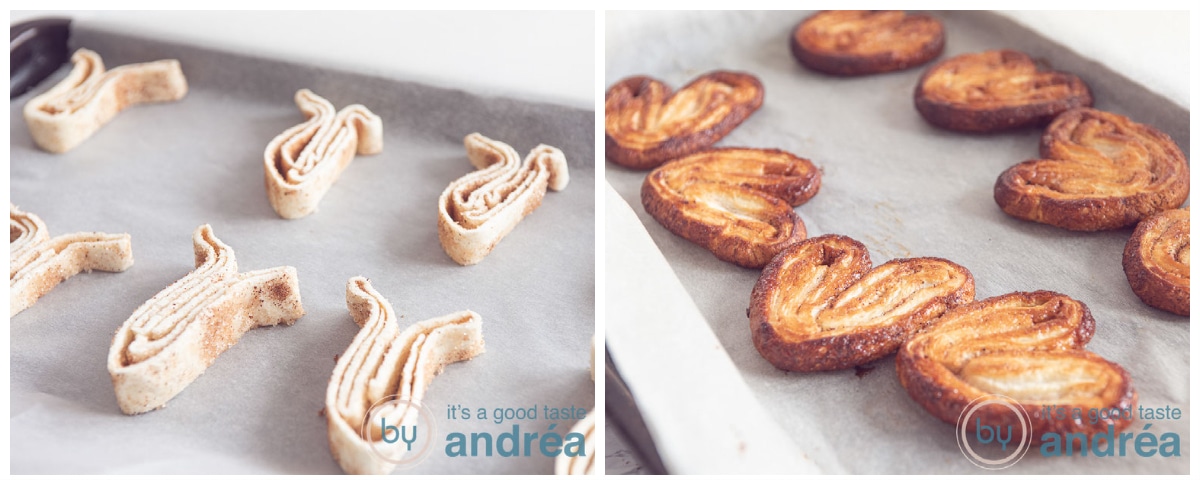 Unbaked and baked palmiers on a baking plate