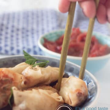 Some chopsticks taken a mini spring roll. Some sweet and sour tomato sauce in the back