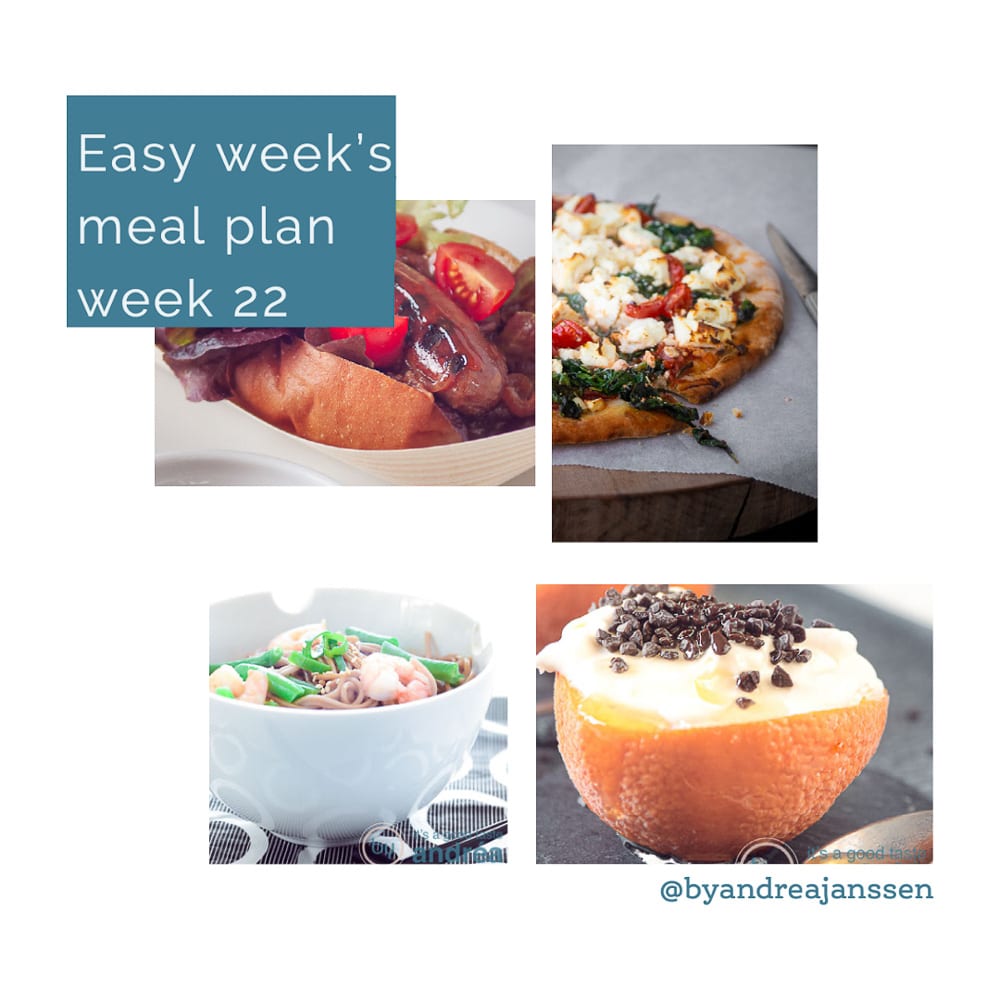 four recipes that are in the easy week menu week 22 wurst, pizza, noodles and orange semifreddo
