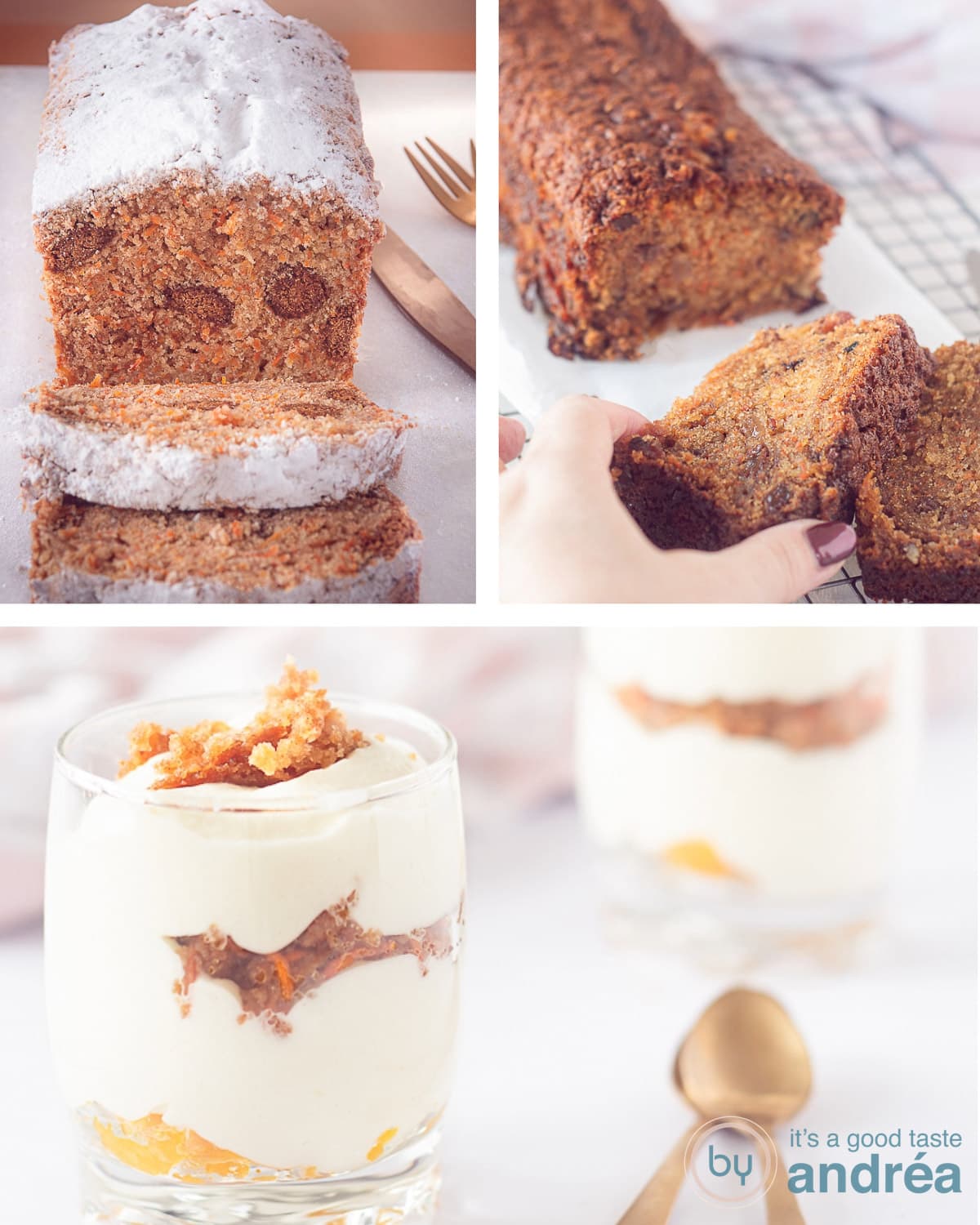 A height picture with a three collage picture of two carrot cake recipes and at the bottom a carrot cake parfait