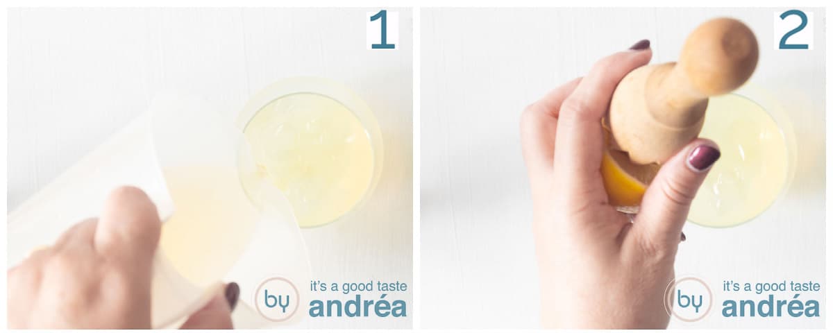 two photos add mint syrup and lemon to the glasses