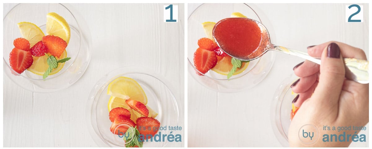 Add mint and strawberry sauce to the gin glasses