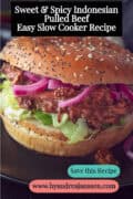A bun with Asian pulled beef, lettuce and sweet and sour onions. A text: Slow Cooker Asian Beef – Tender, Flavorful, and Easy