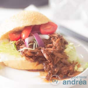 A square photo with a corn ball filled with pulled beef, tomatoes, onion and lettuce. On a white plate on a white background