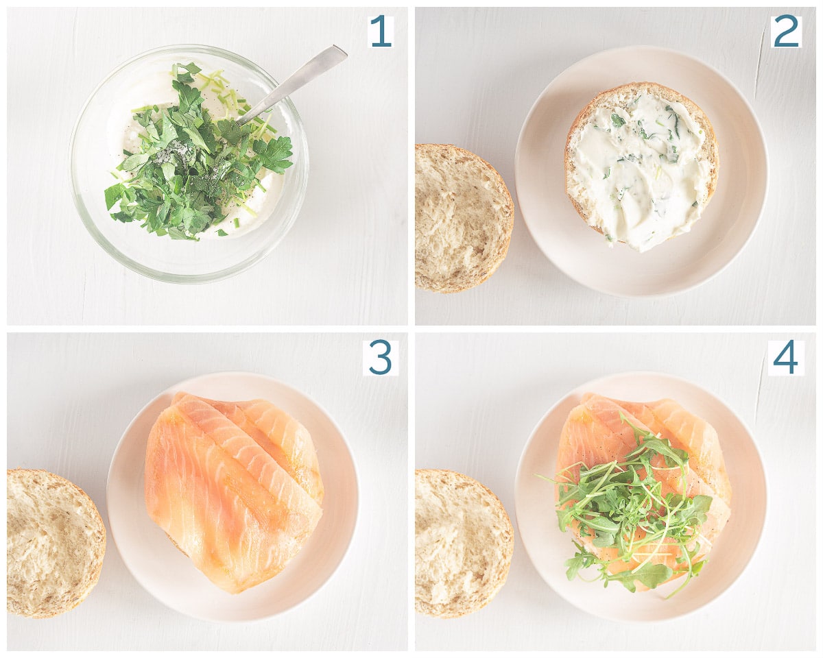 Preparation in four photos salmon sandwich with herb cream cheese
