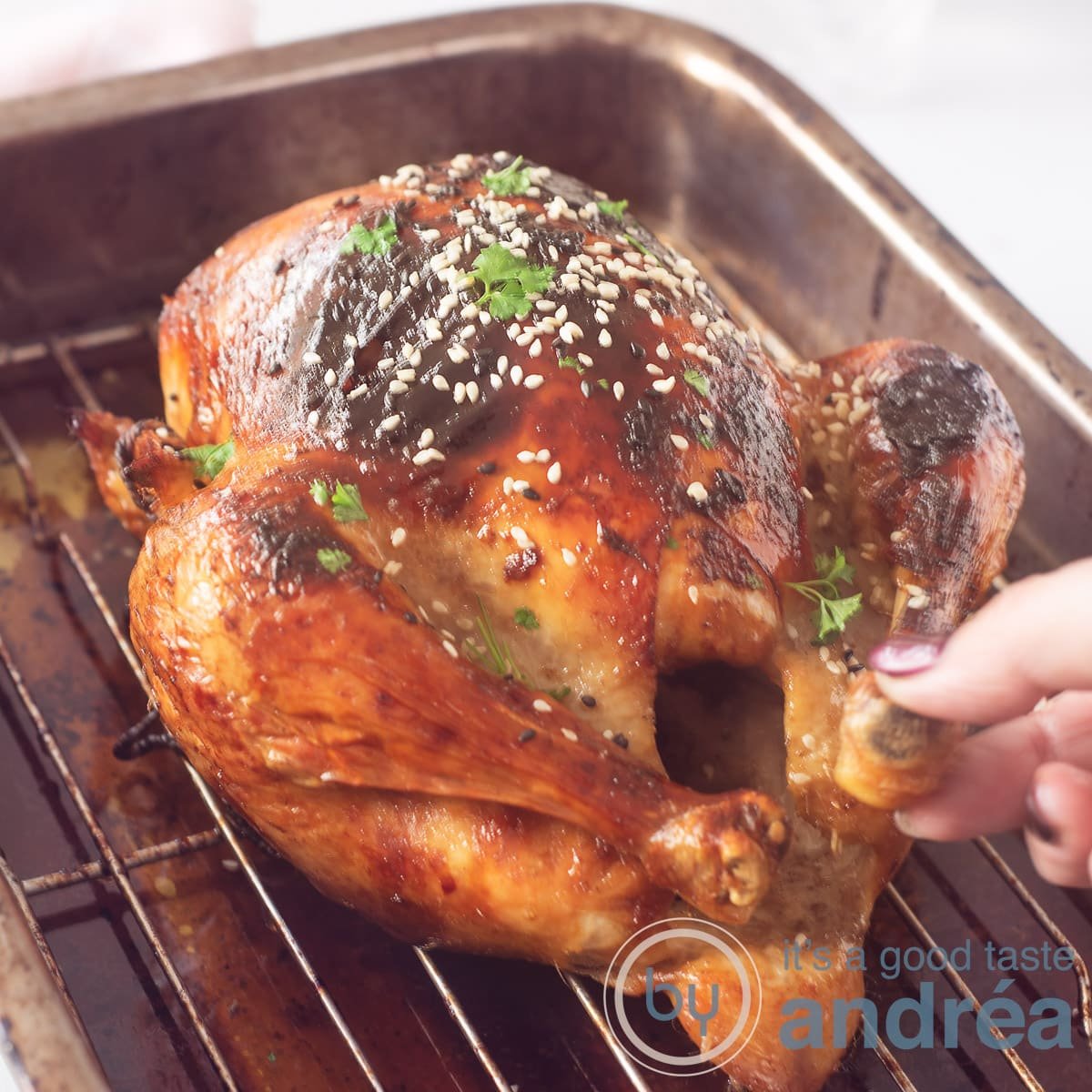 A square photo from a whole chicken soy sauce with sesame seeds and parsley on a baking tray.
