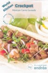 A white plate with a taco filled with Mexican stew, tomato, vegetables and onion. Lime in the background. A text overlay describes the photo.
