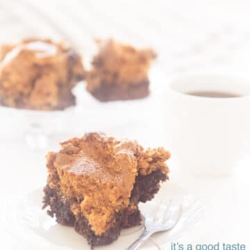 In the foreground a fudgy brownie with meringue topping on a white plate with a white background and more brownies in the background.