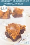 Pieces of mississippi mud brownies on a white background. A text: easy recipe, mississippi mud brownies with pecan nuts
