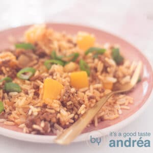 A square photo with rice, minced meat and peach on a pink plate