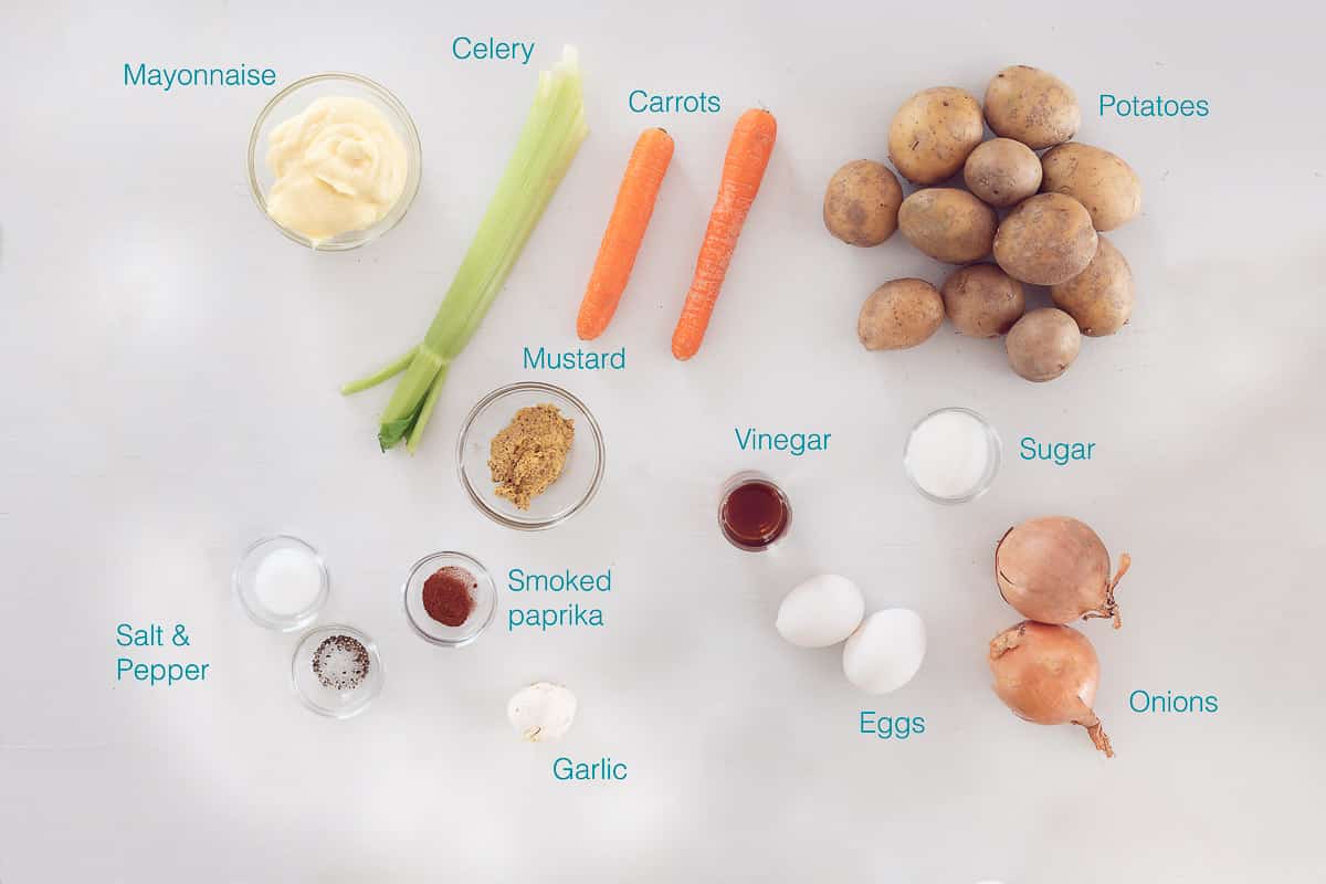Ingredients Amish Potato Salad individually labeled on a white background