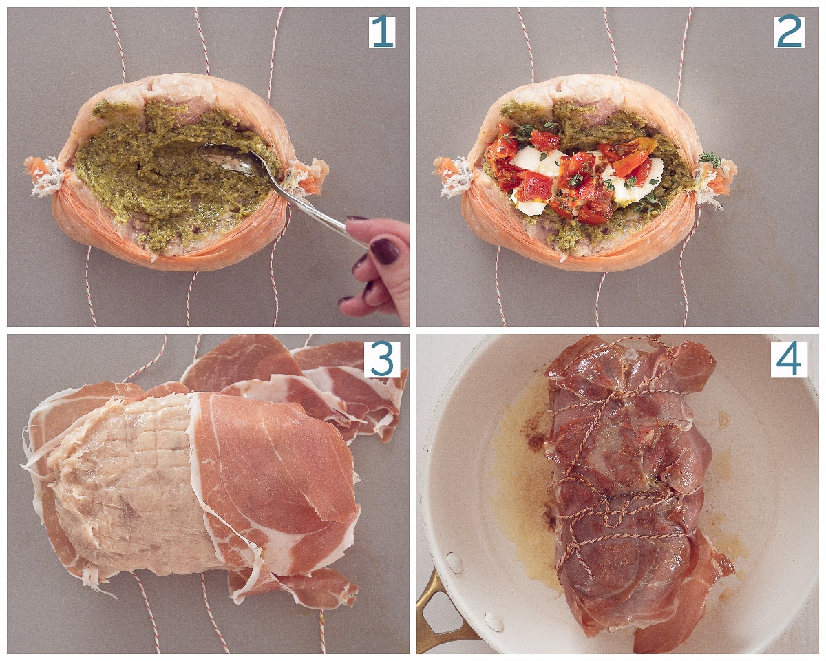 4 collage photo preparation Stuffed chicken roulade from the oven