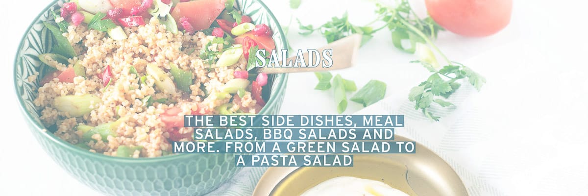 A bowl of kisir. A text overlay: salads, the best side dishes, meal salads, bbq salads and more. From a green salad to a pasta salad