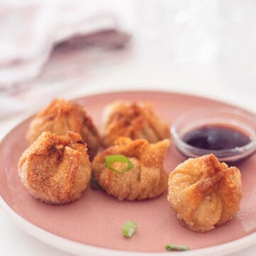 fried wonton with beef filling on spoons and two sauces