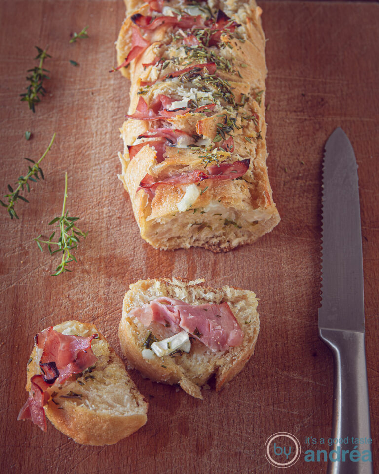 Baguette with goat cheese, garlic and ham By Andrea Janssen