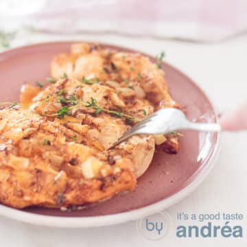 A square photo with a pink plate on the left showing a chicken breast smothered in a garlic brown sugar sauce. A fork pierces the meat. A white background