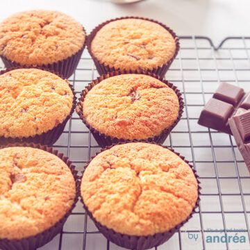 A square picture with six chocolate chip cupcakes on a rack. On the right a bar of chocolate