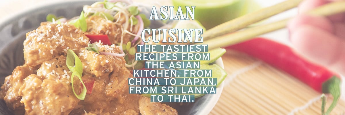 Part of a bowl filled with flavored meat a pepper and lime in the background. A text overlay asian cuisine: the tastiest recipes from the asian kitchen. From china to Japan. From Sri Lanka to Thai food.