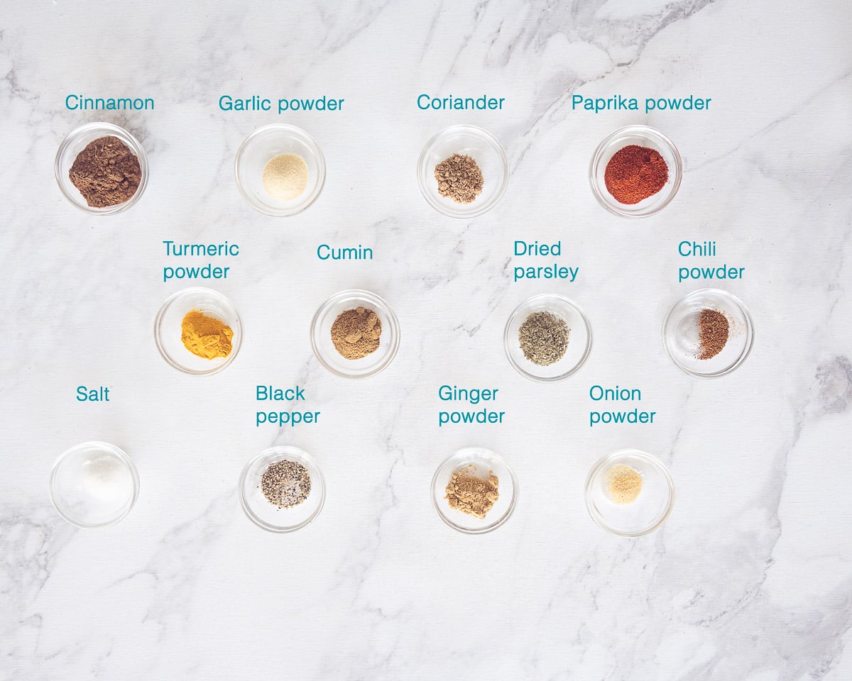 Ingredients Shawarma Spice Mix Recipe, individually labelled on a marble background