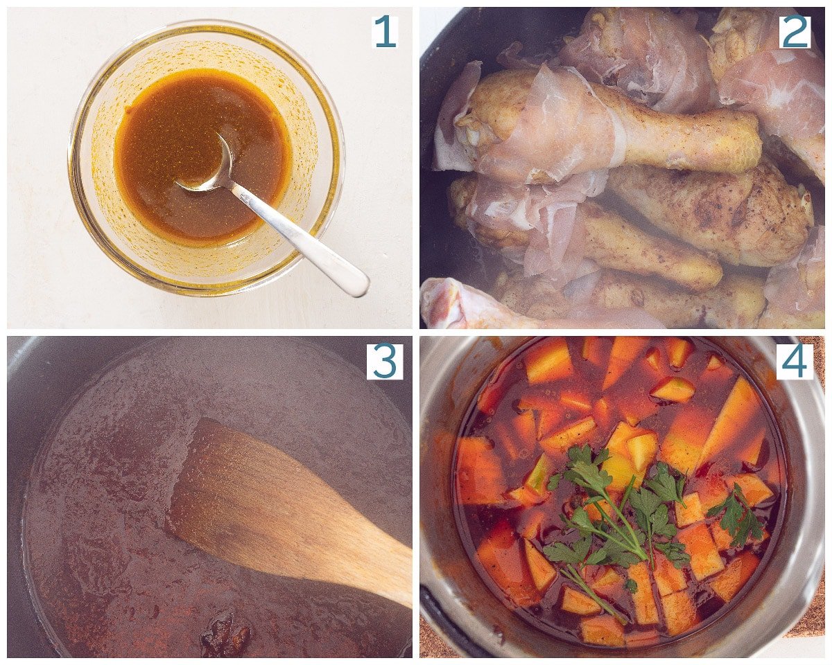 4 collage photo preparation Mango Chicken Drumsticks with Bacon