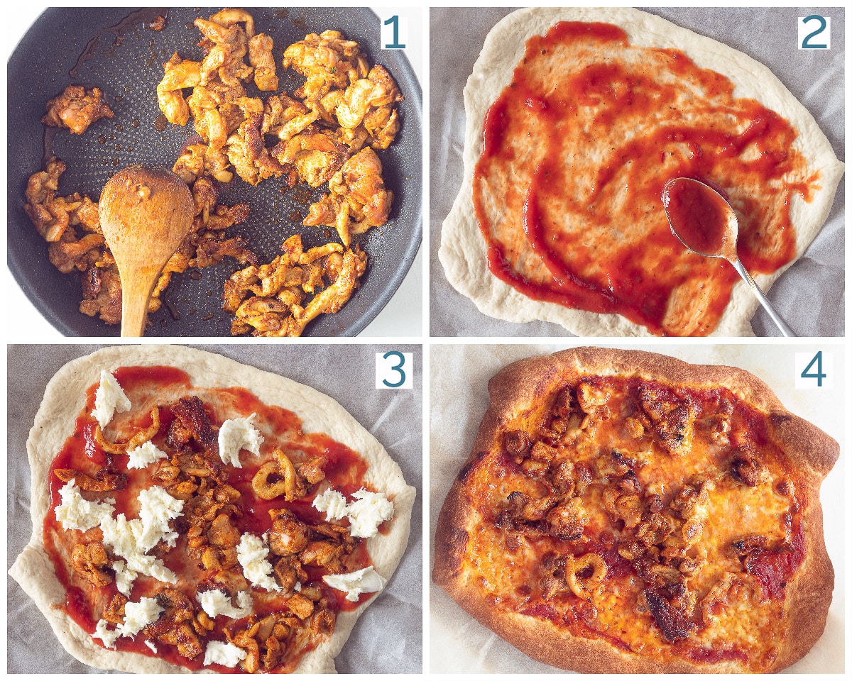4 collage photo preparation Doner Kebab Pizza with Garlic Sauce