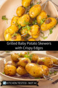 Grilled baby potatoes on metal skewers in a beige bowl, garnished with fresh parsley and coarse sea salt, top-down and side view.