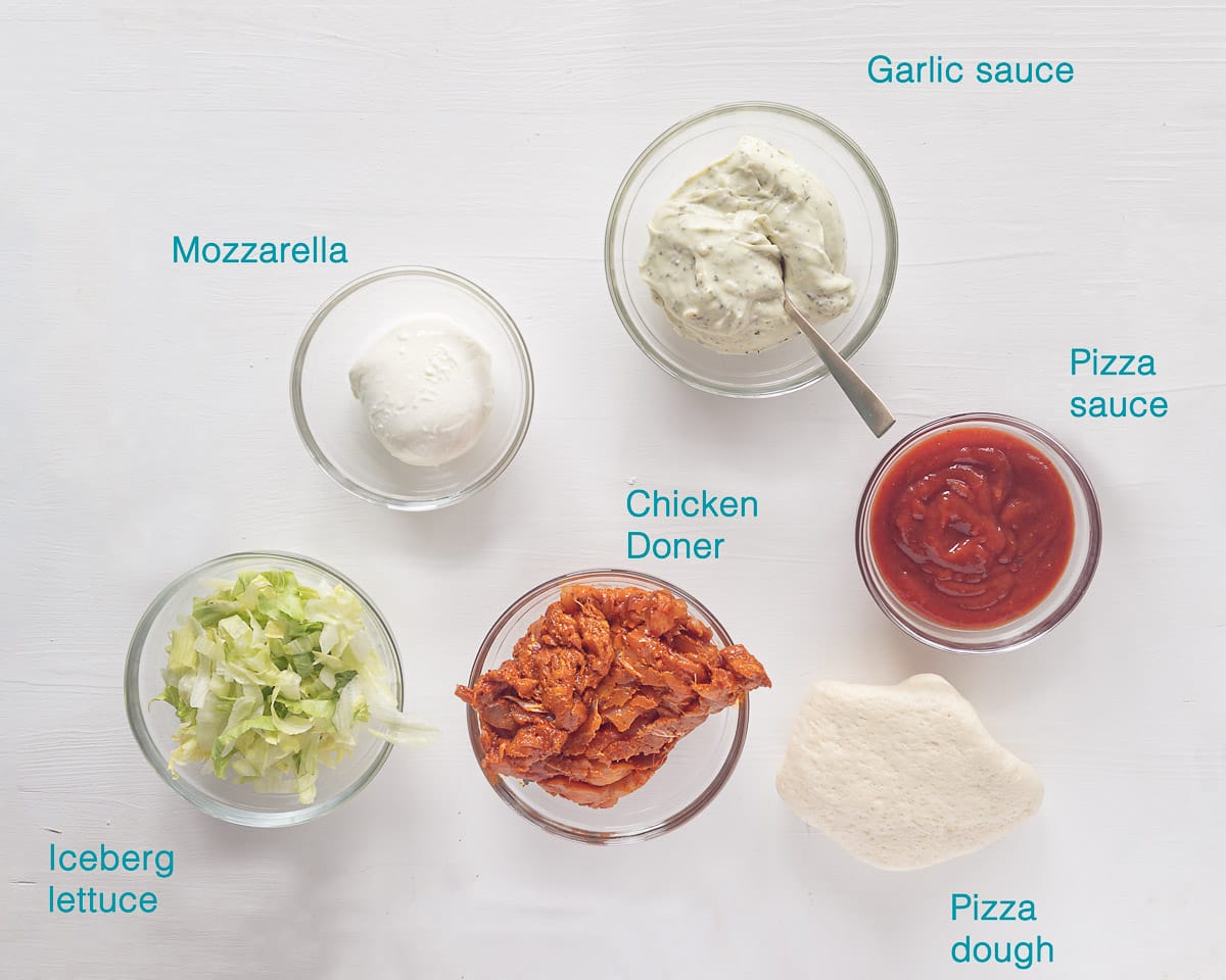 Ingredients Doner Kebab Pizza with Garlic Sauce, individually labeled on a white background
