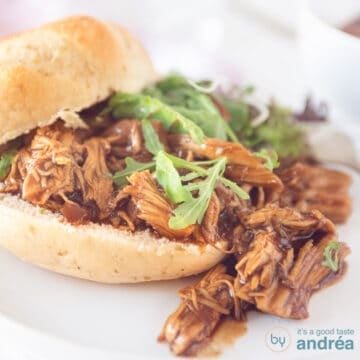 A square photo with a sandwich with pulled chicken and a salad. on a white background.