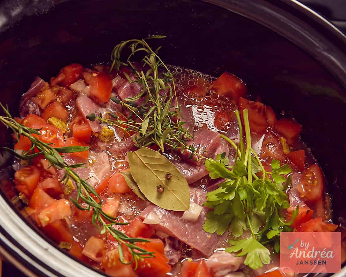 Add tomatoes, fresh herbs stock and bay leaves