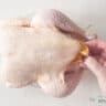 Push fresh herbs and orange into the cavity of the whole chicken.
