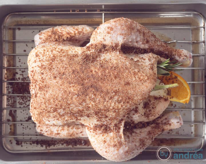 A whole chicken on a rack in an oven dish. Rubbed with spice rub