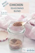 A glass jar with chicken spices, a golden spoon scoops out spices. A text at the top: basic recipe, Chicken Seasoning Blend, easy recipe