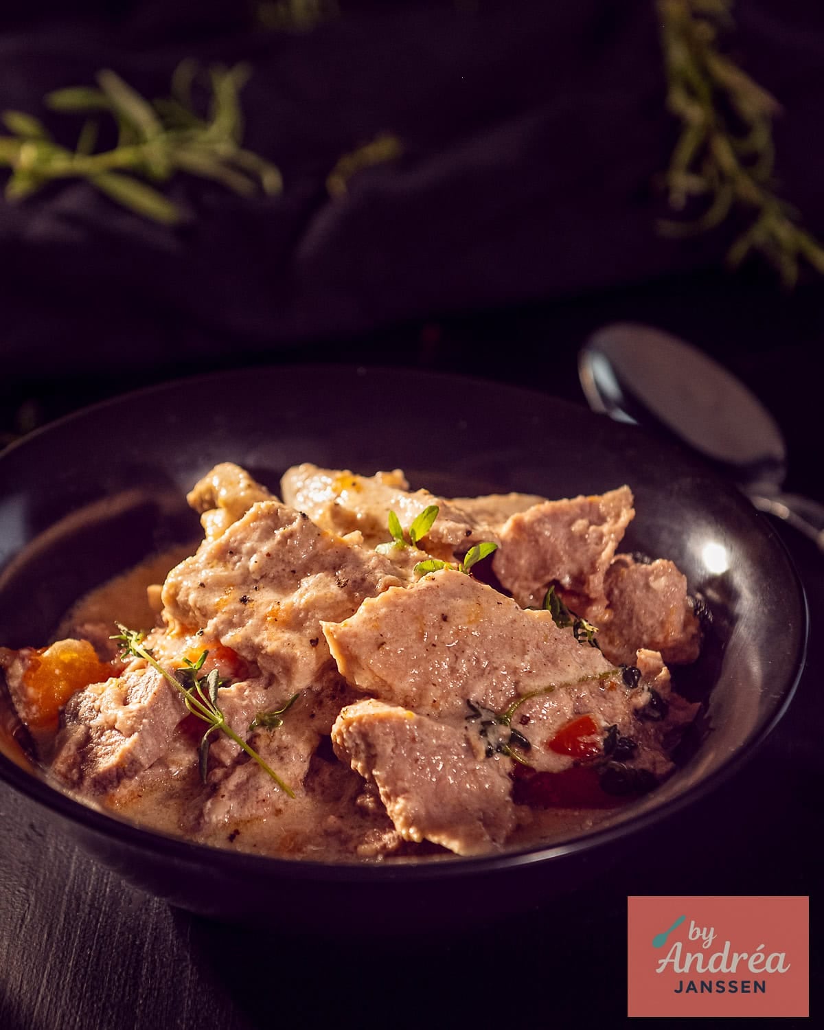 Aerial photo of a black plate with ham steaks from the slow cooker