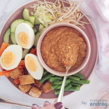 A square photo with a pink plate with blanched beans, carrots and bean sprouts, cucumber slices, tofu and eggs with peanut sauce in a pink bowl.