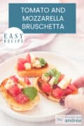A white background with a white round plate with three grilled baguettes with mozzarella, tomato cubes and basil. A text at the top: easy recipe, Tomato and Mozzarella Bruschetta