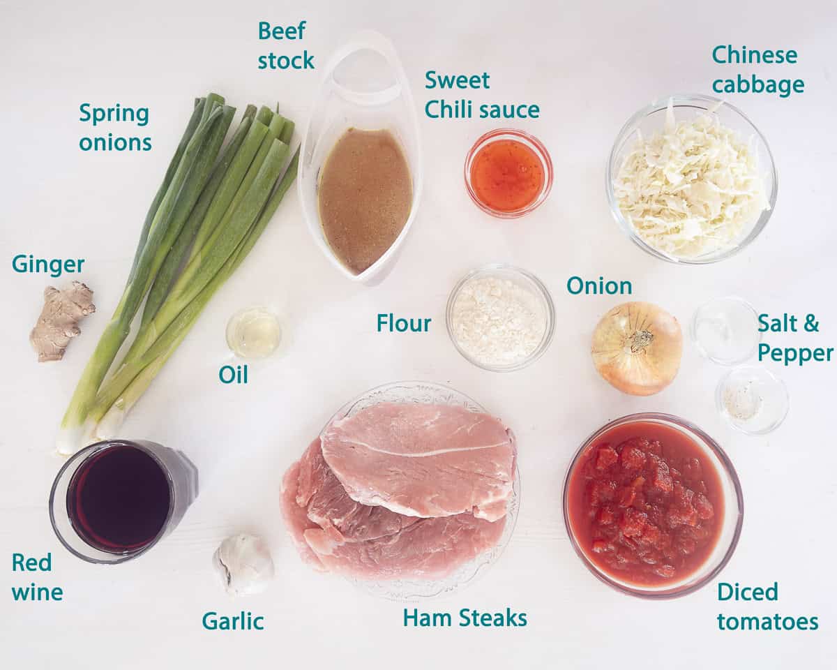 Ingredients Delicious Hamlappen Stew with Pointed Cabbage in the Slowcooker on a white background with text description.