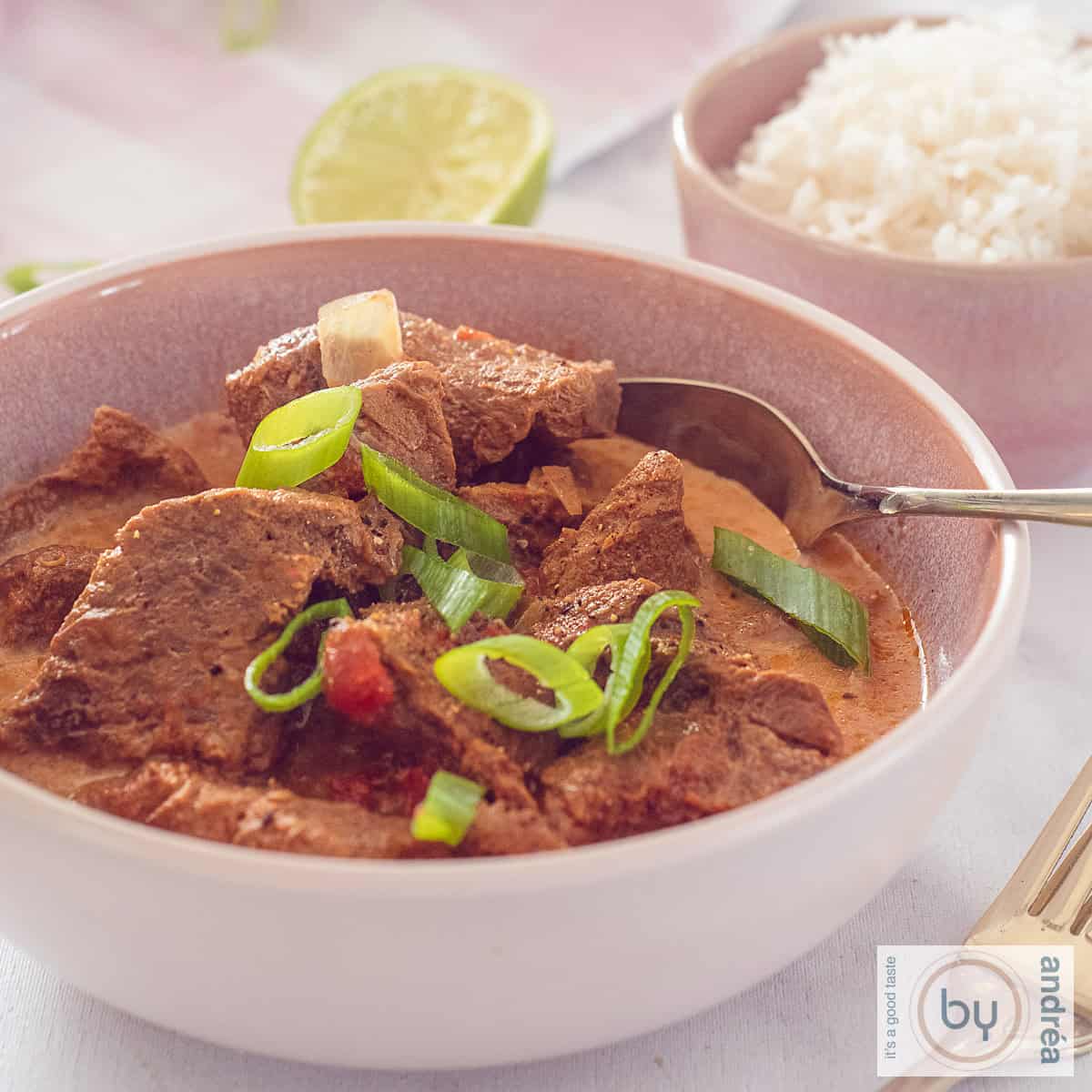 A square bowl filled with curry madras and spring onion. A pink bowl filled with rice diagonally behind it.