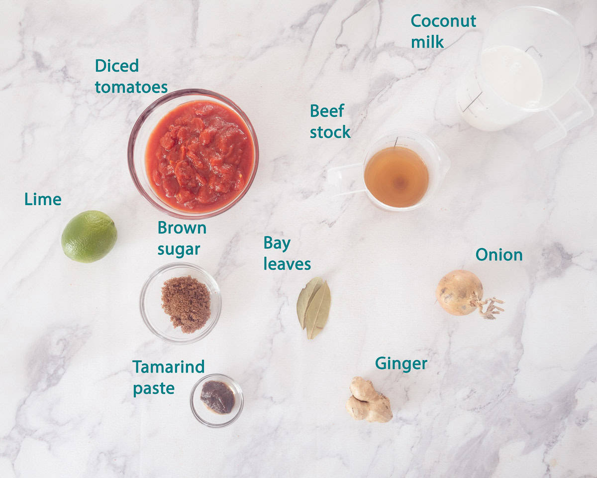 Ingredients curry madras sauce on a white marble background with text description