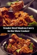 Two pictures above each other with a black bowl filled with curry madras. A text in between: tender beef madras curry in the slow cooker