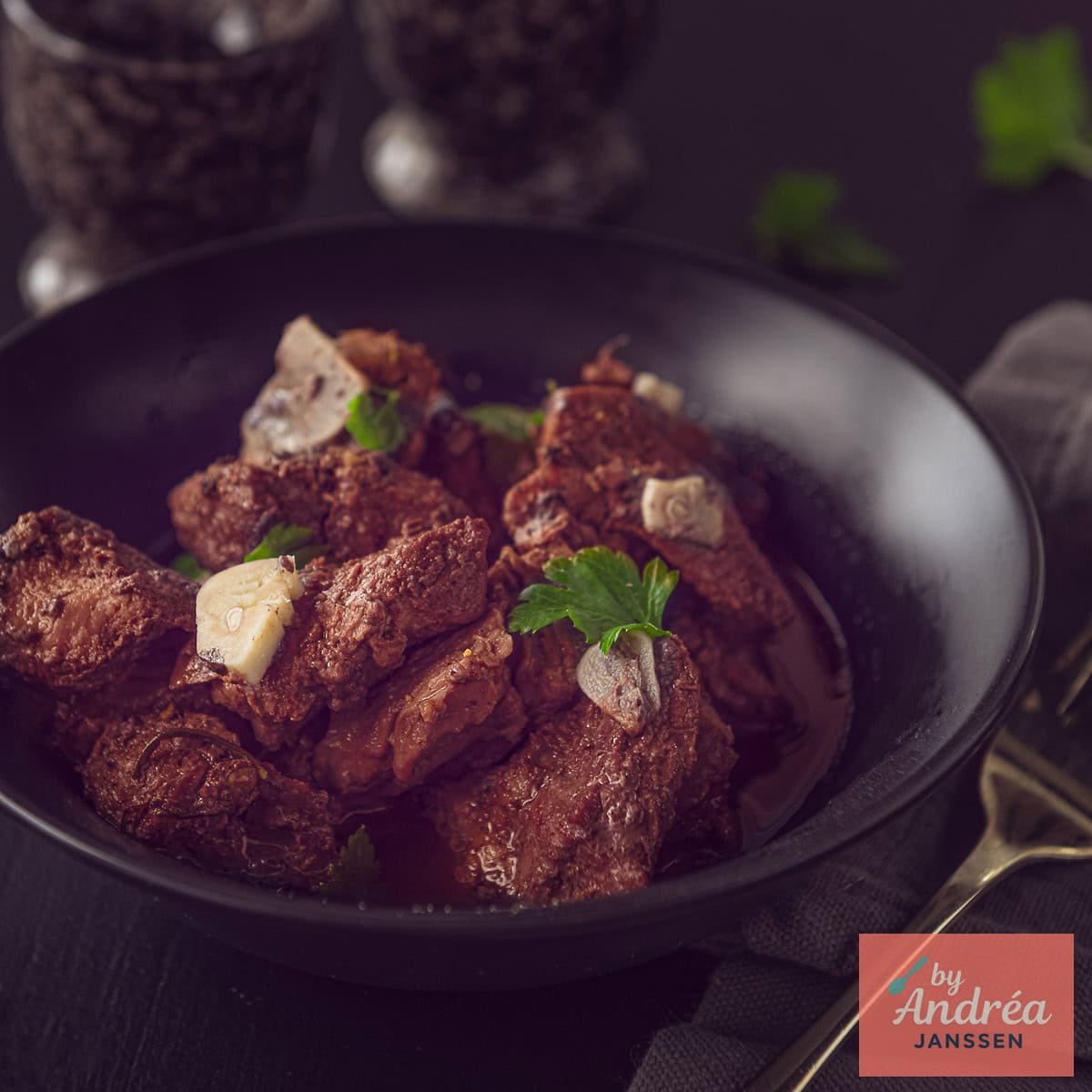 A square photo of peposo, Italian stew cooked in a slow cooker