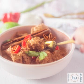 A square photo of a pink bowl filled with rendang beef, cinnamon stick, parsley and red pepper. A hand holds a fork.